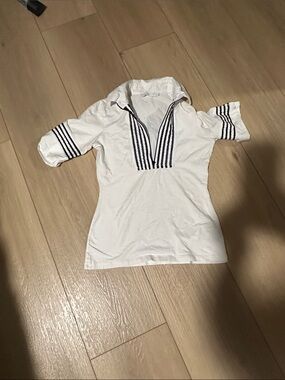 Anne Fontaine White Short-Sleeve Polo Top with Black Trim -size 30